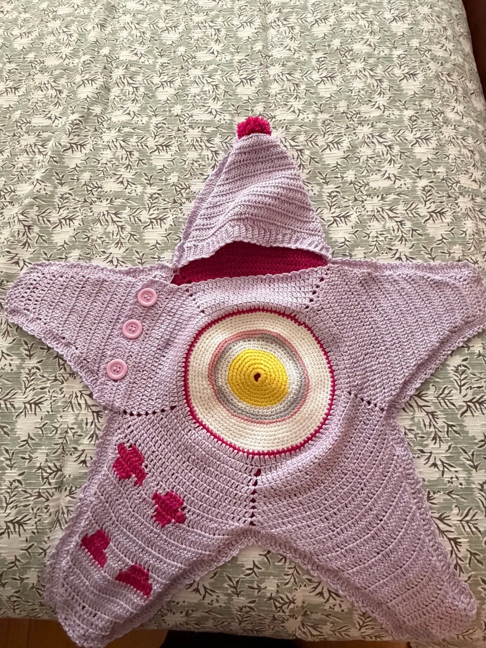 Handmade Lavender Star-Shaped Baby Swaddle with Hood and Bright Center
